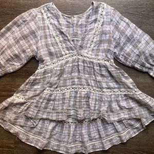 Free People White and Brown Plaid Time Out Lace Tunic Size Medium